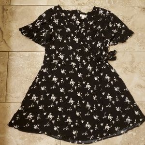 Flower faux wrap flutter sleeve dress